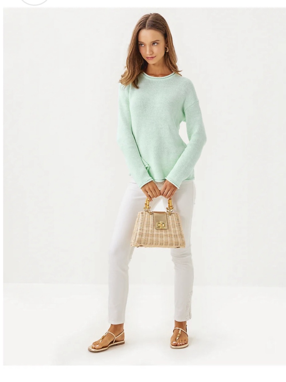 Lilly Pulitzer Lotan Cotton Crewneck Sweater Creme De Menthe Marl Mint M EUC